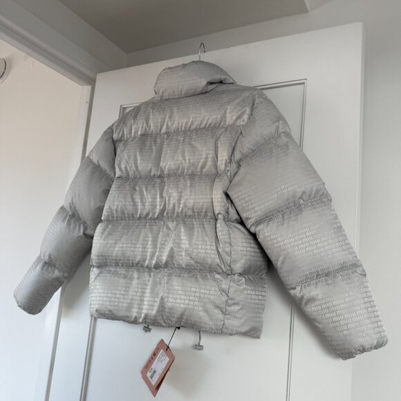 NWT Miu Miu Down Puffer Jacket Gray Nylon Sz 36 All-over Logo Drawstring - Picture 10 of 12